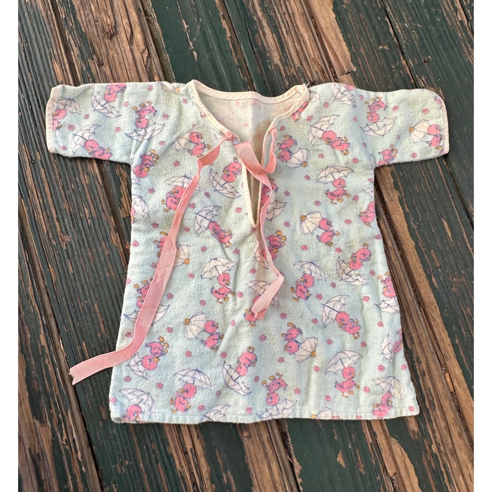 Vintage Baby Nightgown Pink Duck Umbrella Blue Terry Cloth Ribbon Tie A4273